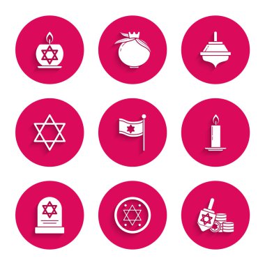 Set Flag of Israel Jewish coin Hanukkah dreidel and Burning candle candlestick Tombstone with star david Star David and icon. Vector.