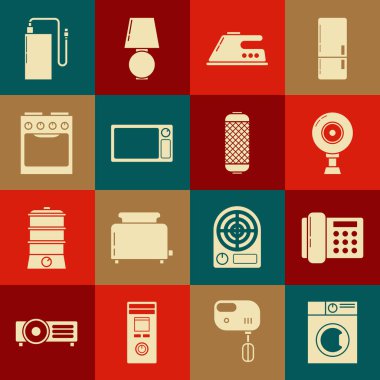 Set Washer Telephone Web camera Electric iron Microwave oven Oven Power bank with different charge cable and Stereo speaker icon. Vector.