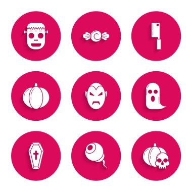 Set Vampire Eye Pumpkin and skull Ghost Coffin with christian cross Meat chopper and Zombie mask icon. Vector.