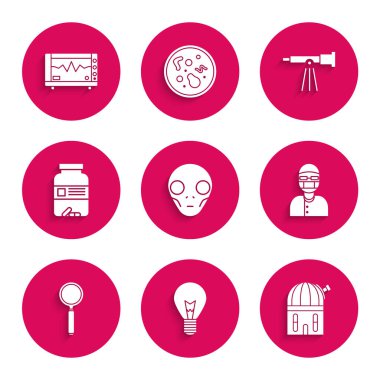 Set Extraterrestrial alien face Astronomical observatory Assistant Magnifying glass Medicine bottle and pills Telescope and Computer monitor cardiogram icon. Vector.