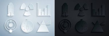 Set Compass Pie chart infographic Solar system Light rays prism Radioactive and Space shuttle and rockets icon. Vector.