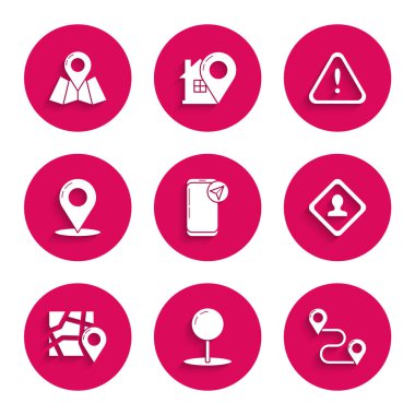 Set Infographic of city map navigation Push pin Route location Road traffic sign Folded with marker Map Exclamation triangle and icon. Vector.