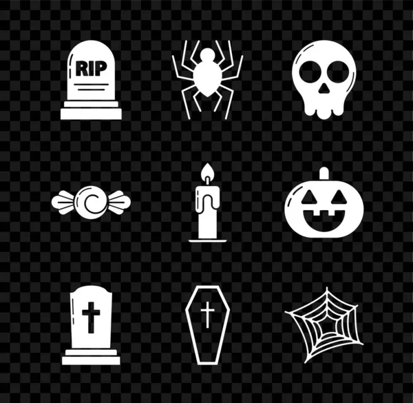 Set Tombstone Rip Spider Skull Cross Coffin Christian Web Candy — Wektor stockowy