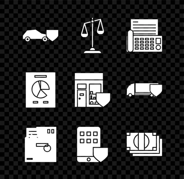 Set Car Shield Scales Justice Fax Machine Ordered Envelope Smartphone — Image vectorielle