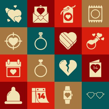 Set Heart shaped love glasses Valentines day flyer with heart Bottle potion tag Diamond engagement ring the center of darts target aim and Candy box icon. Vector.