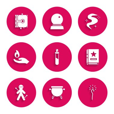 Set Bottle with love potion Witch cauldron Magic staff Ancient magic book Voodoo doll Hand holding fire fog or smoke and icon. Vector.