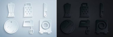 Set Electric mixer Knife Cutting board stove Grater and Blender icon. Vector.