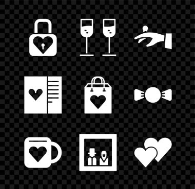 Set Lock and heart Glass of champagne Wedding rings on hand Coffee cup Family photo Heart Postcard with and Shopping bag icon. Vector.