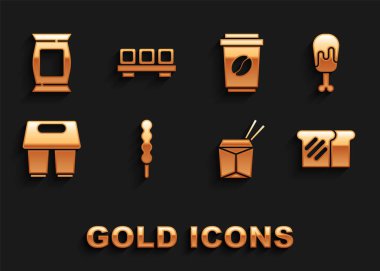 Set Lollipop Chicken leg Bread toast Asian noodles and chopsticks Coffee cup go Bag or packet potato chips and Sushi on cutting board icon. Vector.