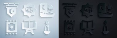 Set Holy book of Koran Ramadan fasting Traditional carpet Burning candle Kaaba mosque and Star crescent icon. Vector.
