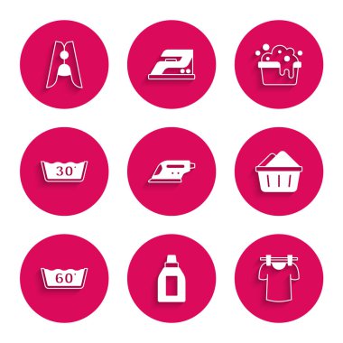 Set Electric iron Bottle for cleaning agent Drying clothes Basin with soap suds Temperature wash and Clothes pin icon. Vector.