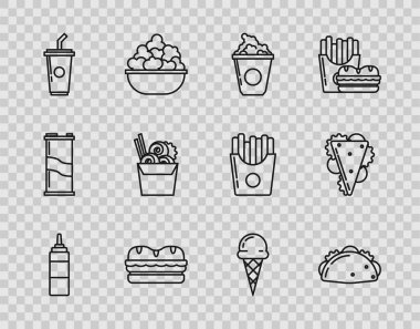 Set line Sauce bottle Taco with tortilla Popcorn in cardboard box Sandwich Paper glass drinking straw water Asian noodles paper chopsticks Ice cream waffle cone and icon. Vector.