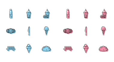 Set line Sushi on cutting board Ice cream waffle cone Bottle of water Taco with tortilla Knife Donut sweet glaze and Glass lemonade drinking straw icon. Vector.