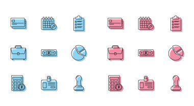 Set line Calculator with dollar symbol Identification badge Credit card Stamp Stacks paper money cash Pie chart infographic Briefcase and Calendar icon. Vector.