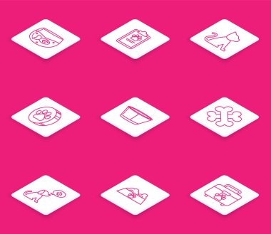 Set line Aquarium with fish Clipboard medical clinical record pet Cat Paw print Protective cone collar Crossed bones Veterinary symbol and Pet food bowl for cat dog icon. Vector.