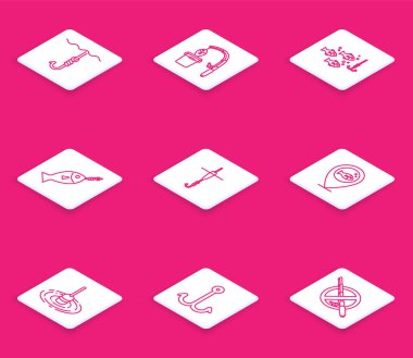 Set line Fishing hook under water rod and fish with on float Location fishing and icon. Vector.