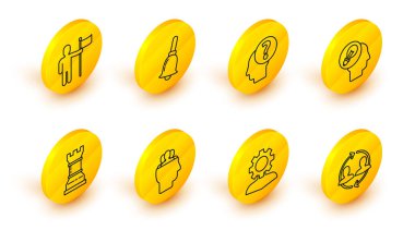 Set line Human resources with gear inside Project team base Business strategy head lamp bulb question mark Ringing bell and Man holding flag icon. Vector.