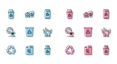 Set line Recycle symbol Bio fuel canister bin with recycle and Sprout hand of environmental protection Earth globe plant and Eco friendly house icon. Vector.