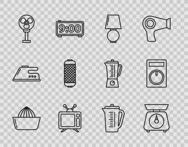 Set line Citrus fruit juicer Scales Table lamp Television Electric fan Stereo speaker Measuring cup and Remote control icon. Vector.