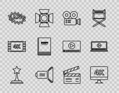 Set line Movie trophy Computer PC monitor with 4k video technology Cinema camera spotlight Bang boom text speech bubble balloon Scenario clapper and Online play icon. Vector.