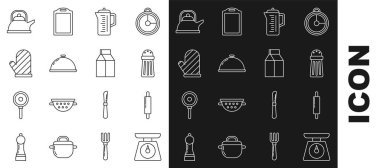 Set line Scales Rolling pin Salt Teapot Covered with tray of food Oven glove Kettle handle and Paper package for milk icon. Vector.