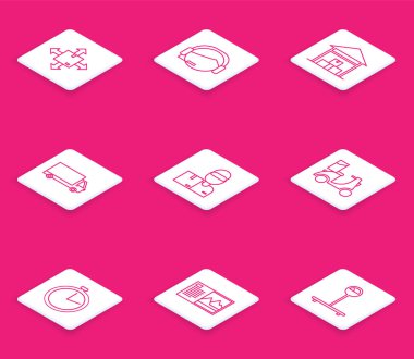 Set line Cardboard box with traffic symbol Support operator in touch Warehouse Delivery cargo truck vehicle man cardboard boxes Scooter delivery Stopwatch and Postcard icon. Vector.