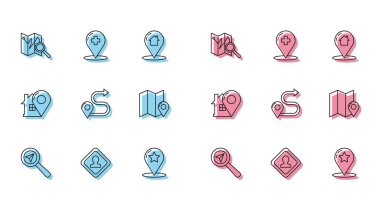 Set line Search location Road traffic sign Folded map with marker Map pointer star Route house and Medical cross hospital icon. Vector.