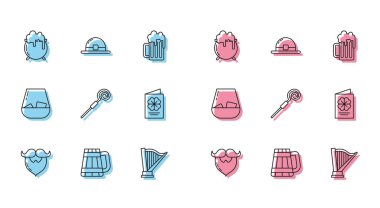 Set line Mustache and beard Wooden beer mug Witch cauldron Harp Walking stick Saint Patricks Day flyer brochure postcard Glass of whiskey and Leprechaun hat icon. Vector.