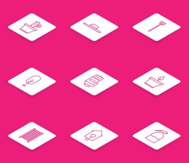 Set line Cactus and succulent in pot Worker hat Garden pitchfork Tree gloves Plant Wooden staircase and Retro wall watch icon. Vector.