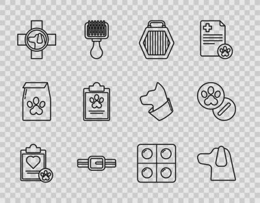 Set line Clipboard with medical clinical record pet Dog Pet carry case Collar name tag Veterinary symbol and pills and icon. Vector.
