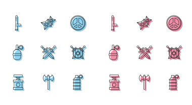 Set line Handle detonator for dynamite Medieval axe Police rubber baton grenade Crossed medieval sword Wooden shield with crossed swords and Japanese ninja shuriken icon. Vector.