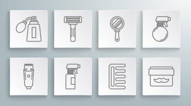 Set line Electrical hair clipper or shaver Shaving razor Hairdresser pistol spray bottle Hairbrush Cream lotion cosmetic jar Hand mirror and Aftershave with atomizer icon. Vector.