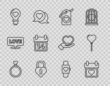 Set line Wedding rings Calendar with heart Heart tag Castle the shape of light bulb February 14 center wrist watch and Balloons form icon. Vector.