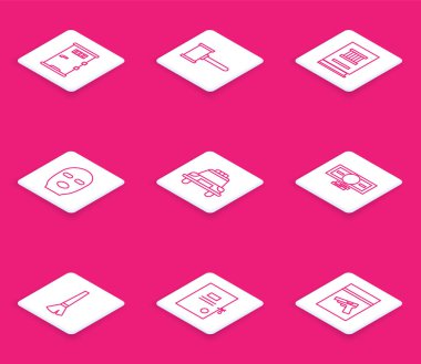 Set line Prison cell door Judge gavel Law book Thief mask Police car and flasher Stacks paper money cash Paint brush and Lawsuit icon. Vector.