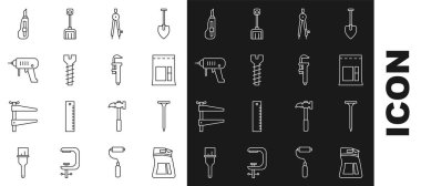 Set line Cement bag Metallic nail Drawing compass screw Electric drill machine Stationery knife and Calliper or caliper and scale icon. Vector.