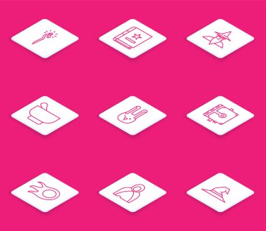 Set line Magic staff Ancient magic book Wizard warlock mortar and pestle Rabbit with ears Fireball and Mantle cloak cape icon. Vector.