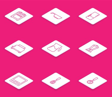 Set line Oven Frying pan Refrigerator Toaster Jug glass with water Blender Electronic scales and Kitchen whisk icon. Vector.