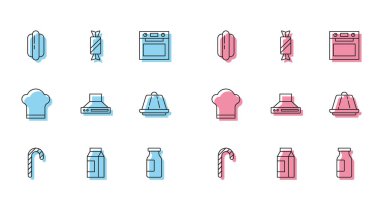 Set line Christmas candy cane Paper package for milk Hotdog sandwich Bottle with Kitchen extractor fan Pudding custard Chef hat and Candy icon. Vector.