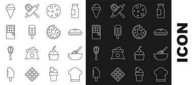 Set line Chef hat Kitchen whisk and bowl Homemade pie Cookie or biscuit Ice cream Chocolate bar in waffle cone and Donut icon. Vector.