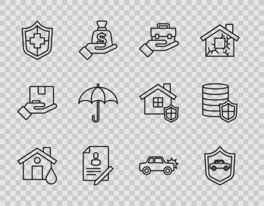 Set line House flood Car with shield Hand holding briefcase Document Life insurance Umbrella and Money icon. Vector.