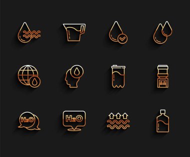 Set line Chemical formula for H2O Recycle clean aqua Waves of water and evaporation Big bottle with Water drop cooler and filter cartridge icon. Vector.