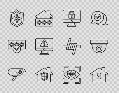 Set line Security camera House under protection Lock monitor Shield Monitor with exclamation mark Eye scan and icon. Vector.