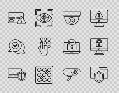 Set line Credit card with shield Document folder protection Security camera Graphic password Password and Lock monitor icon. Vector.