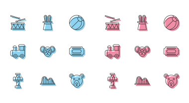 Set line Attraction carousel Roller coaster Drum with drum sticks Bear head Monkey Circus ticket Toy train and Magician hat and rabbit ears icon. Vector.