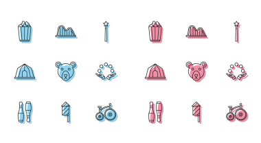Set line Bowling pin Firework rocket Popcorn box Vintage bicycle Bear head Juggling ball Circus tent and Roller coaster icon. Vector.