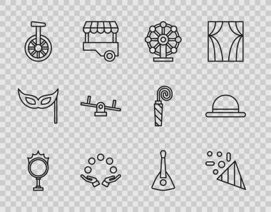 Set line Circus fire hoop Festive confetti Ferris wheel Juggling ball Unicycle or one bicycle Seesaw Balalaika and Clown hat icon. Vector.