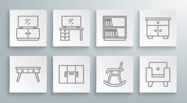 Set line Office desk TV table stand Wardrobe Armchair Library bookshelf Furniture nightstand and icon. Vector.