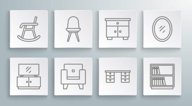 Set line TV table stand Chair Armchair Office desk Library bookshelf Furniture nightstand Mirror and icon. Vector.