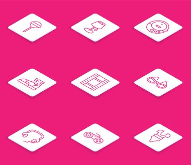 Set line Lollipop Floor lamp Music CD player Sport sneakers Play Video Glasses Headphones and Gamepad icon. Vector.