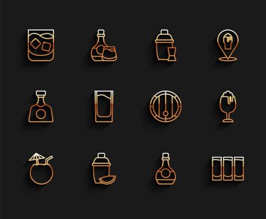 Set line Coconut cocktail Cocktail shaker with lime Glass of whiskey Bottle cognac or brandy Shot glass beer and Wooden barrel icon. Vector.